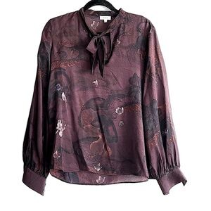 Wilfred 100% Silk Burgundy Floral Print Long Sleeve Pussybow Blouse Size XS